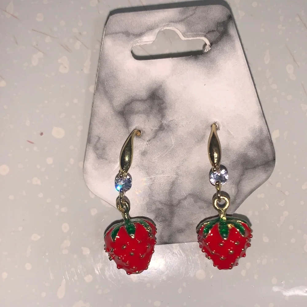 Gold-Tone Red Strawberry Drop Earrings - Unbranded - Picture 4 of 6